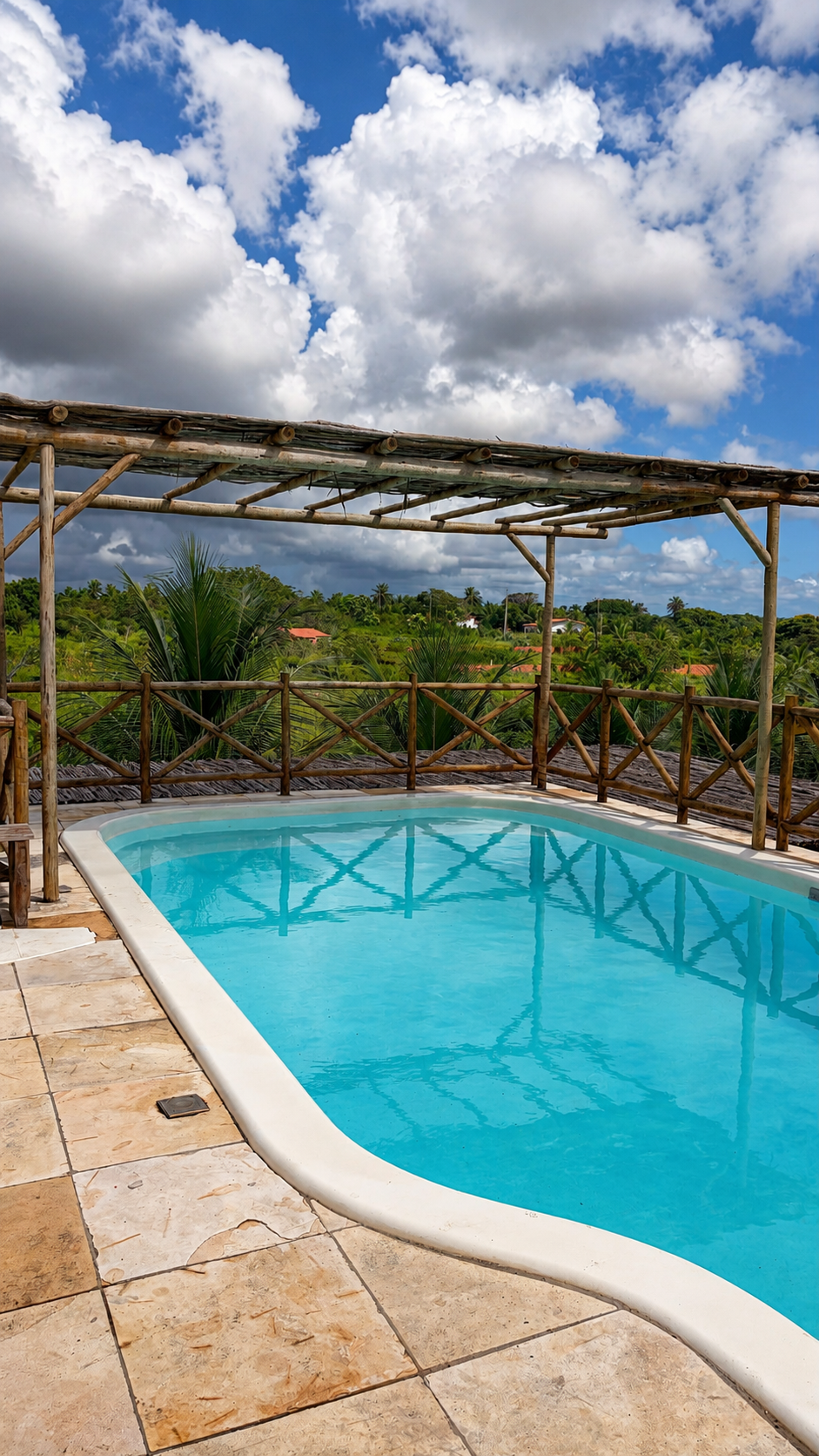 Piscina com pergolado e vista aberta
